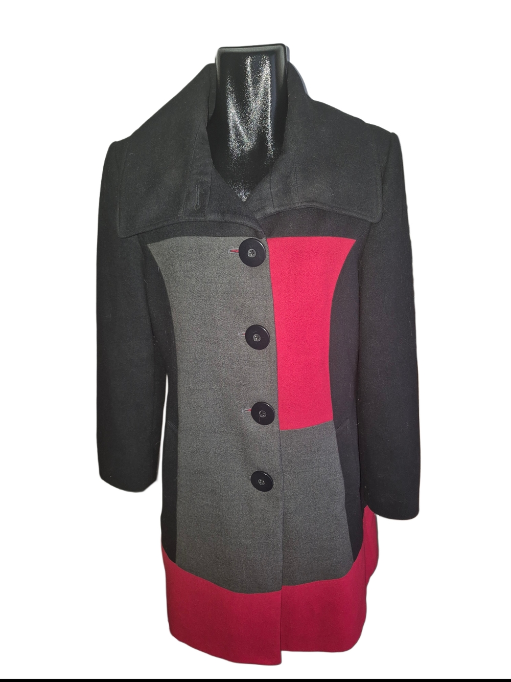 Jessica Red, Black & Grey Colorblock Mid-length Button-up Coat Size L - Picture 2 of 8